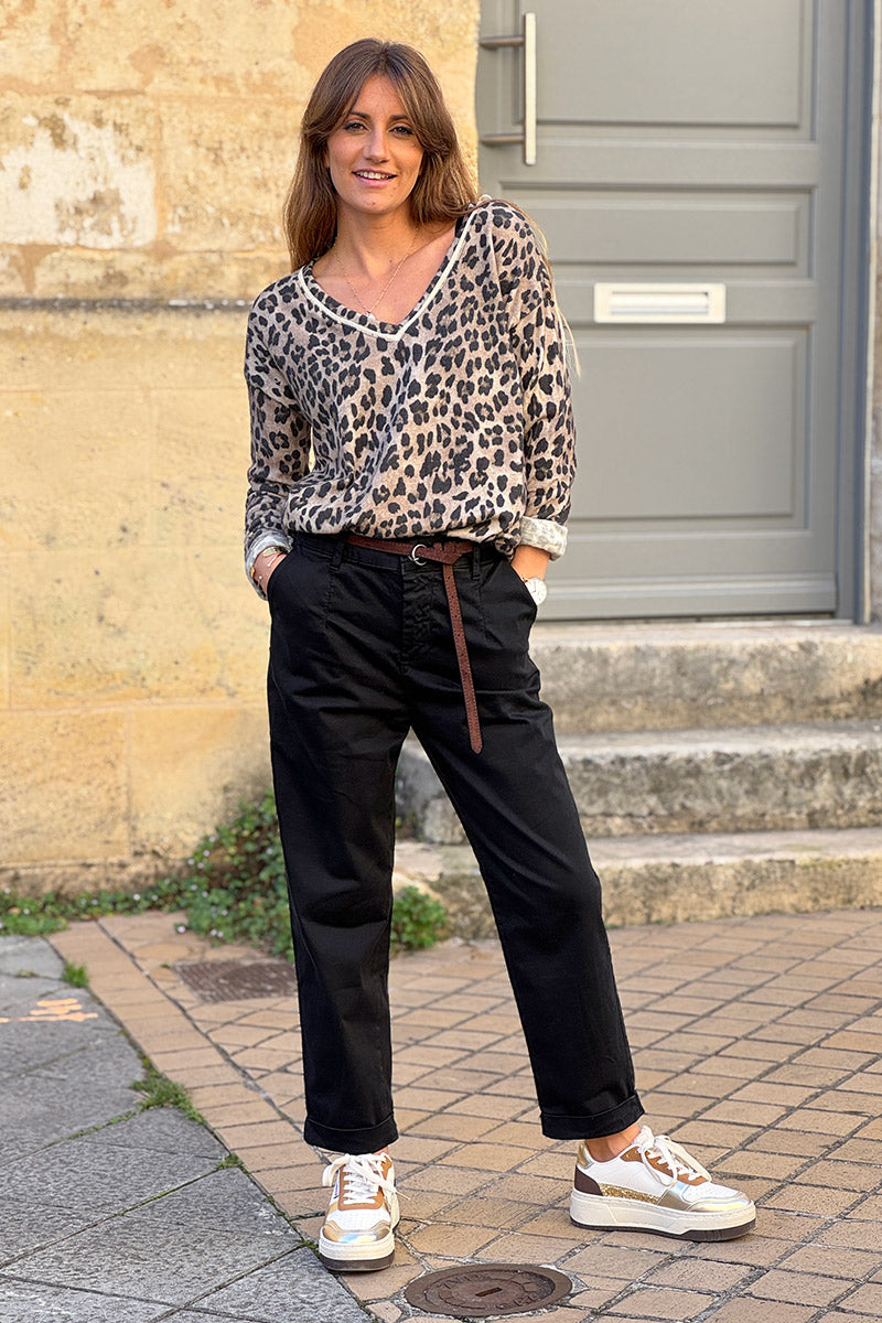 Pull en petite maille laine beige imprimé léopard