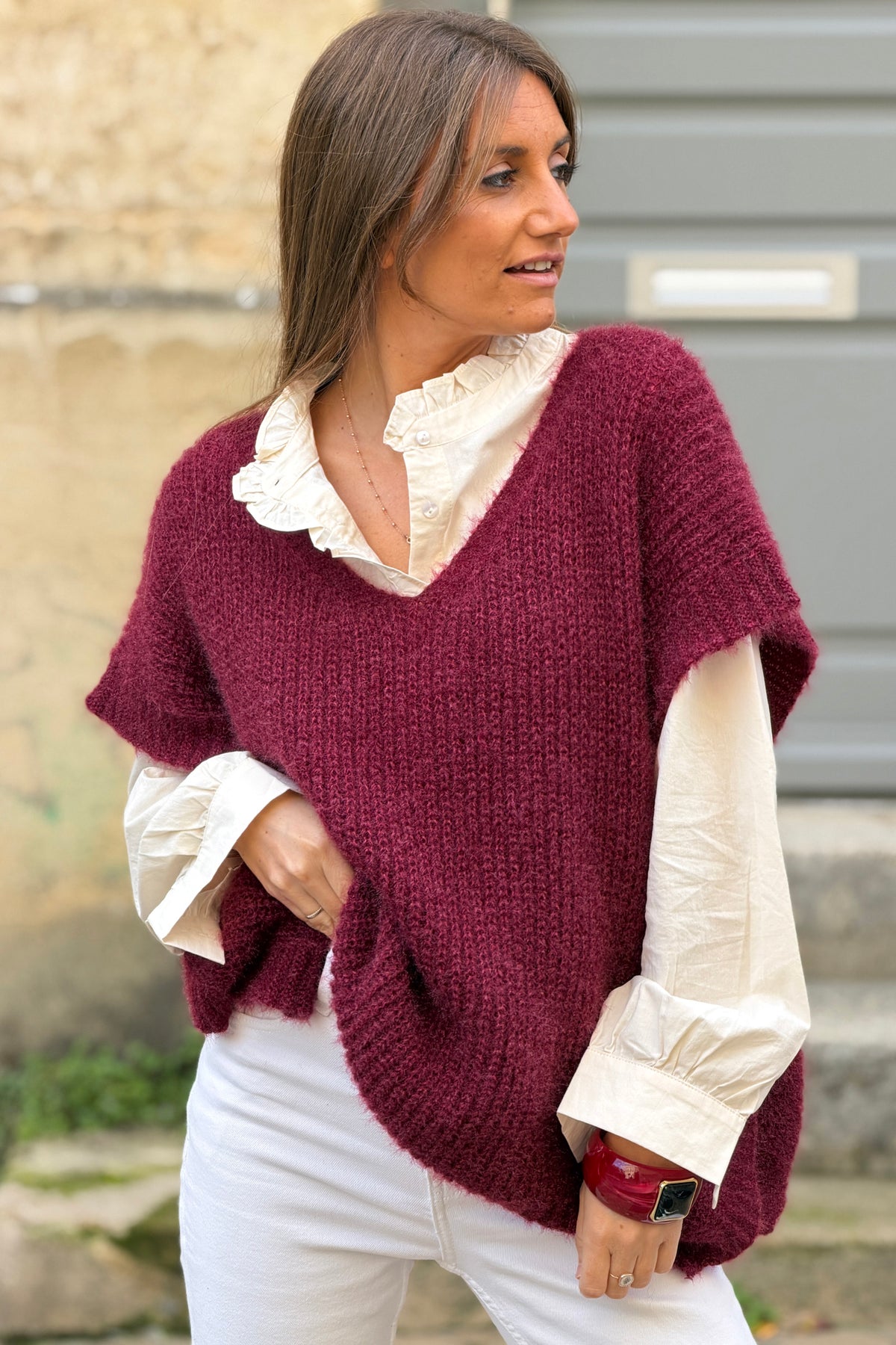Wine Burgundy V-Neck Cap Sleeve Mohair Sweater
