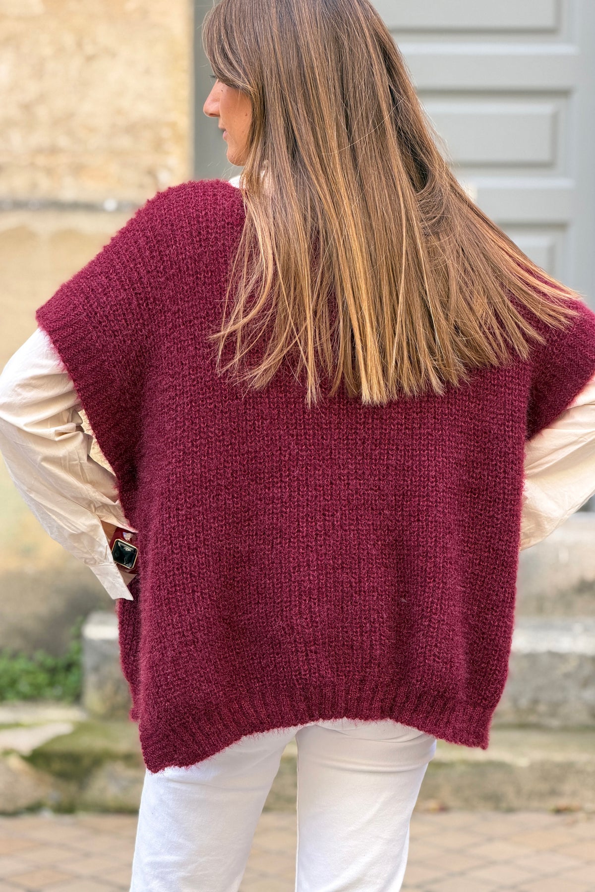 Wine Burgundy V-Neck Cap Sleeve Mohair Sweater