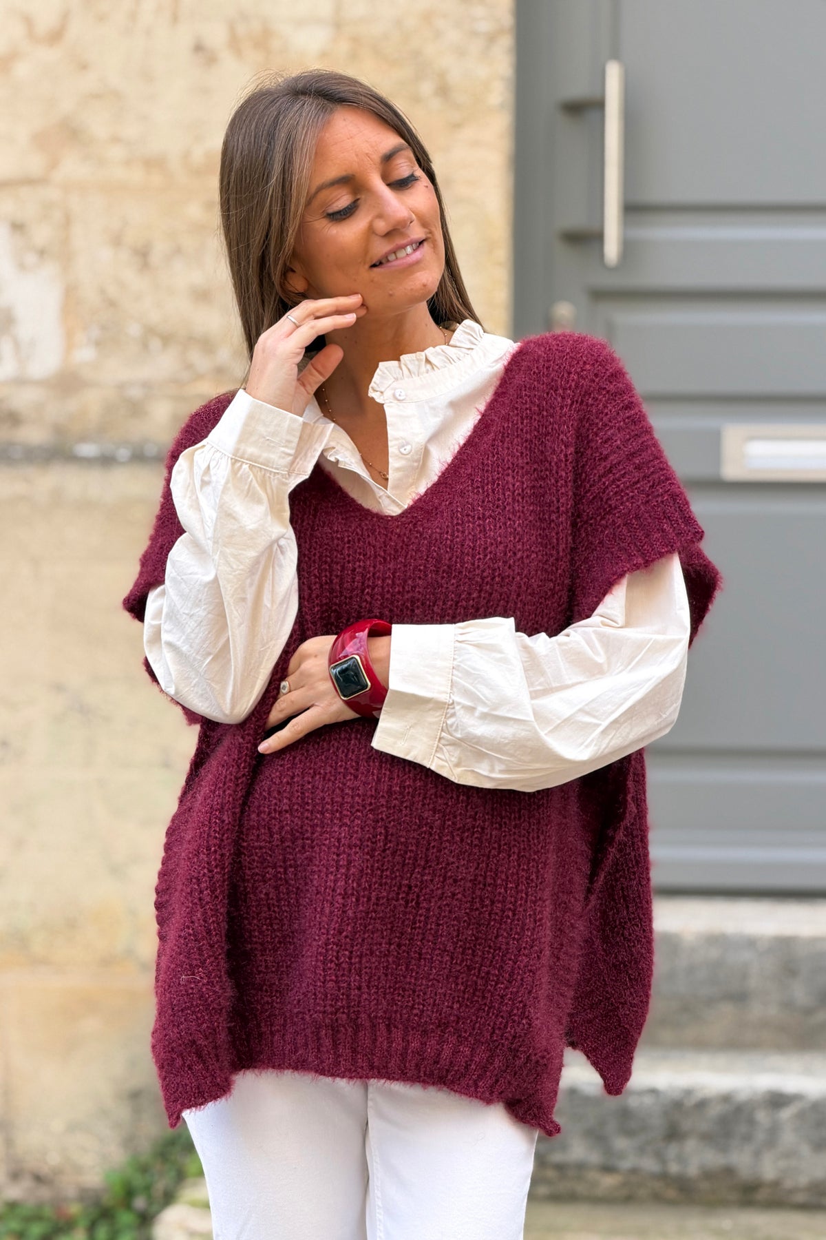 Wine Burgundy V-Neck Cap Sleeve Mohair Sweater