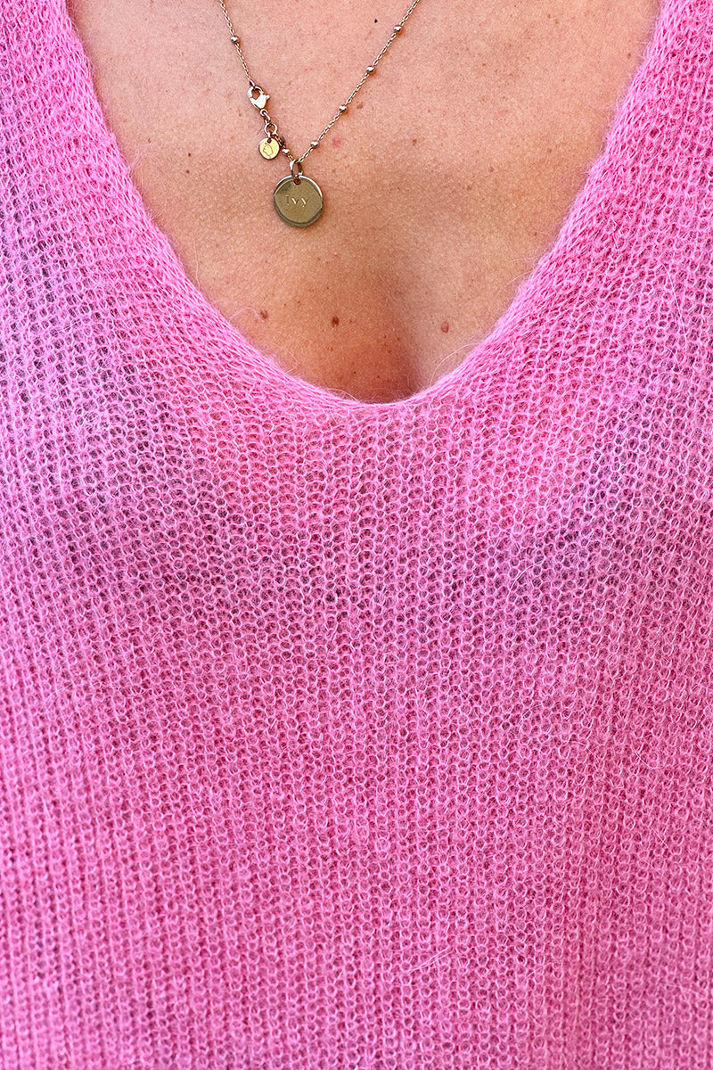 Suéter rosa ajustado de punto fino con cuello en V