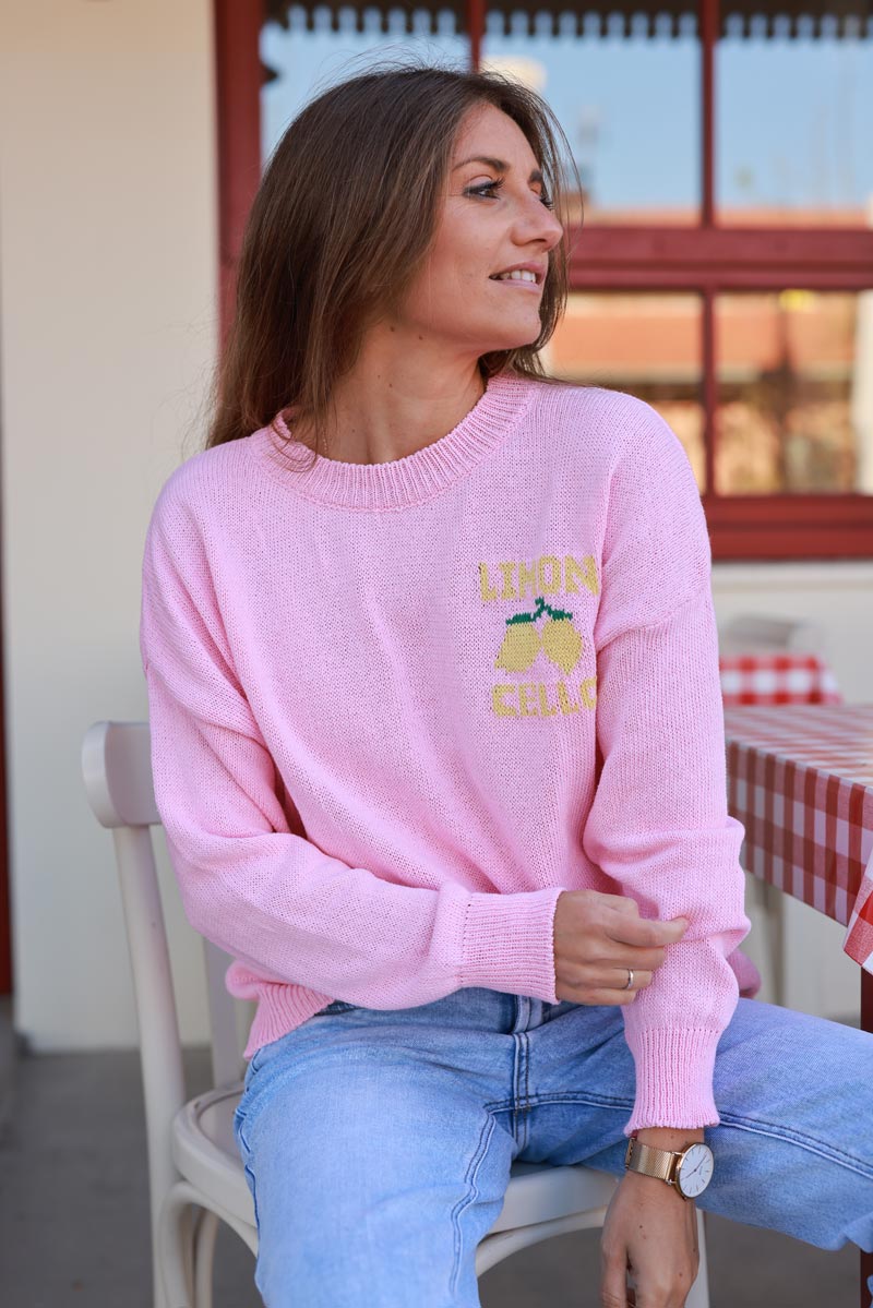 Pull rose en maille d'été coton mélangé Limoncello citrons