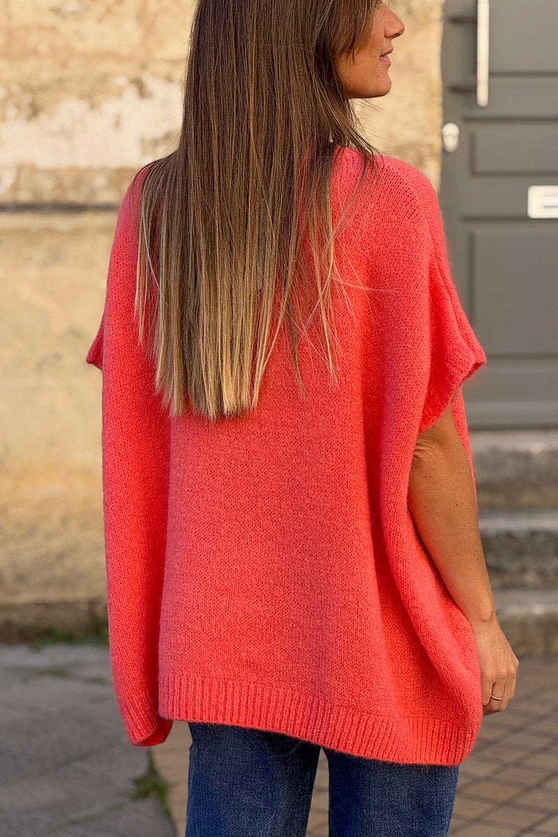 Suéter de mohair coral extragrande, esponjoso y sin mangas con cuello en V acanalado