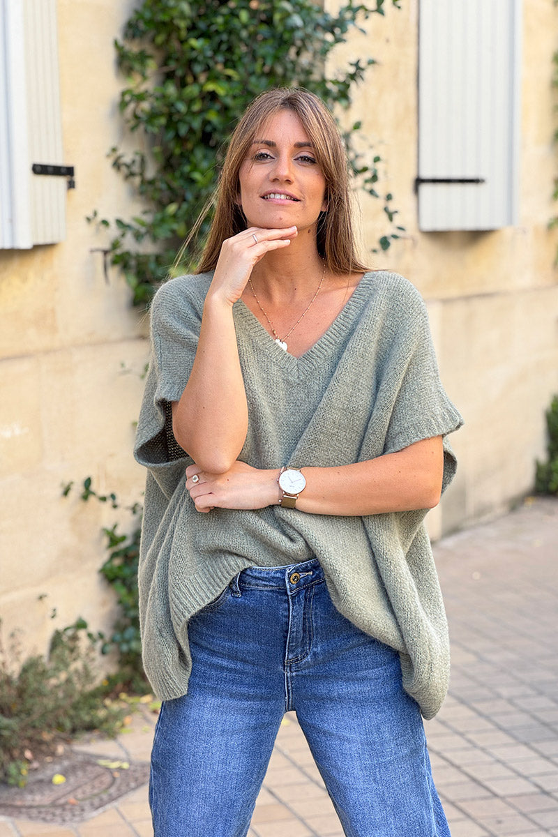 Pull sans manches large et moelleux kaki en mohair col v côtelé