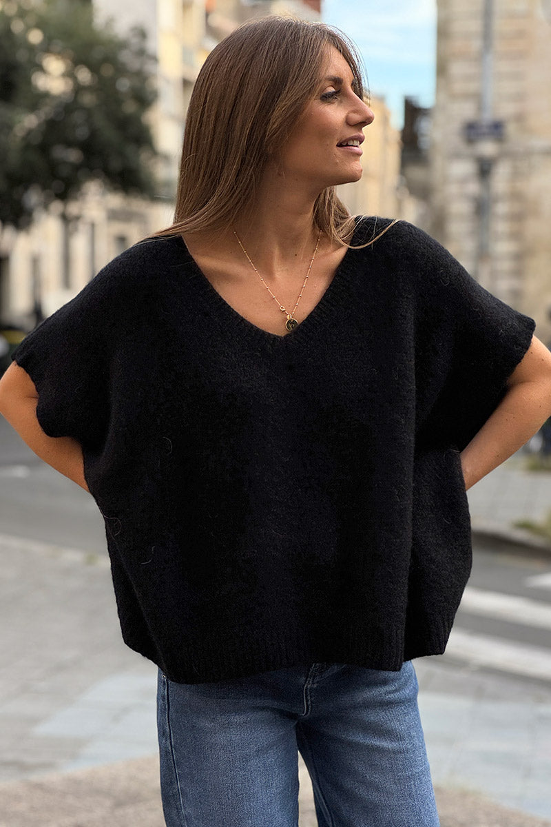 Pull sans manches large et moelleux noir en mohair col v côtelé