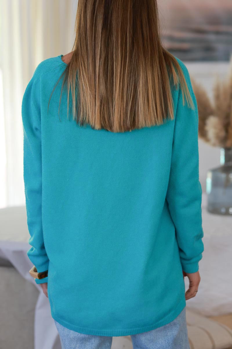 Turquoise Soft Basic V-neck Sweater