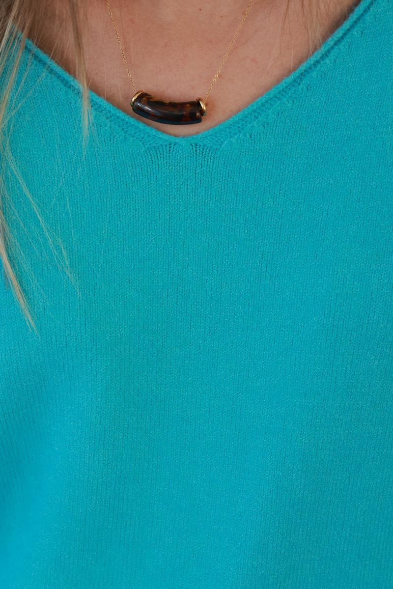 Turquoise Soft Basic V-neck Sweater