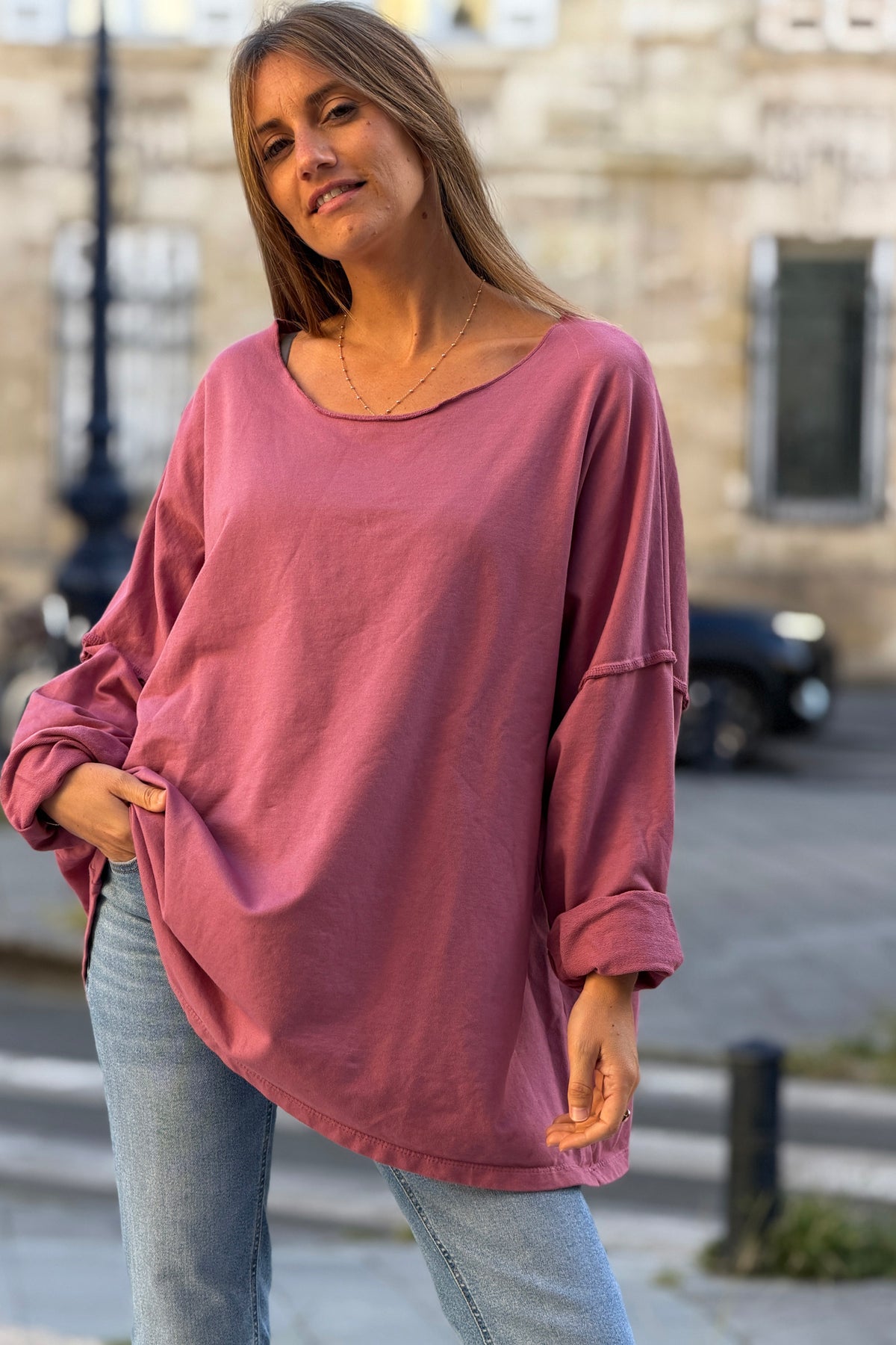 Pink Stretch Knit Long-Sleeve Slouchy Tshirt