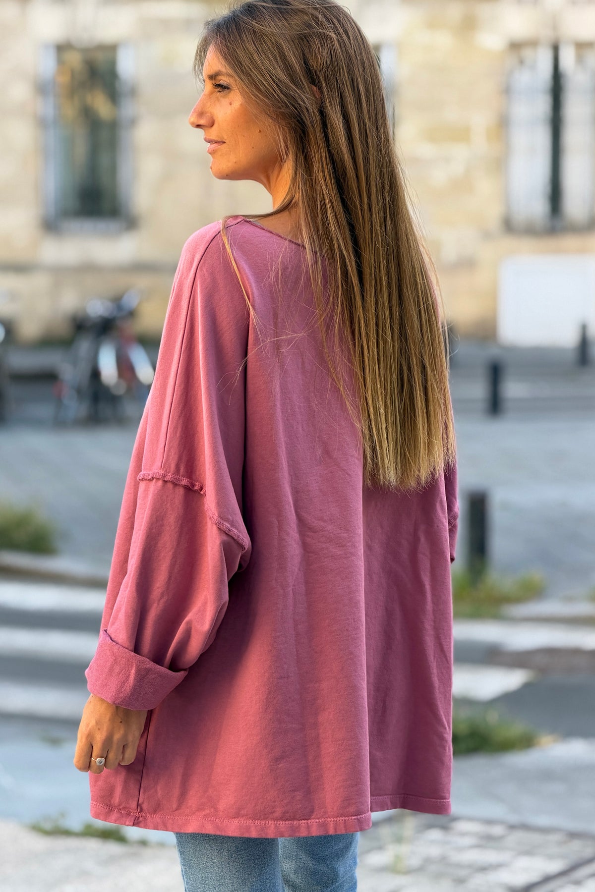 Pink Stretch Knit Long-Sleeve Slouchy Tshirt