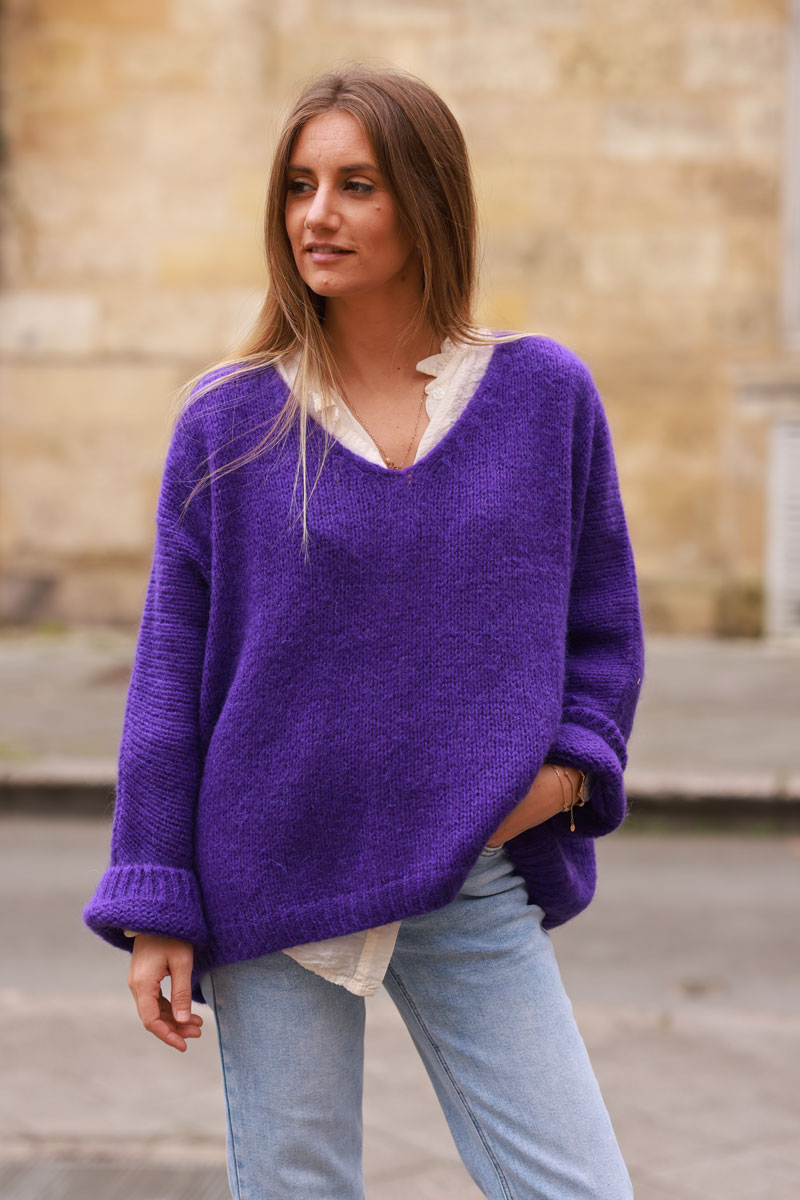 Purple mottled Woollen v-neck Sweater with Batwing sleeves