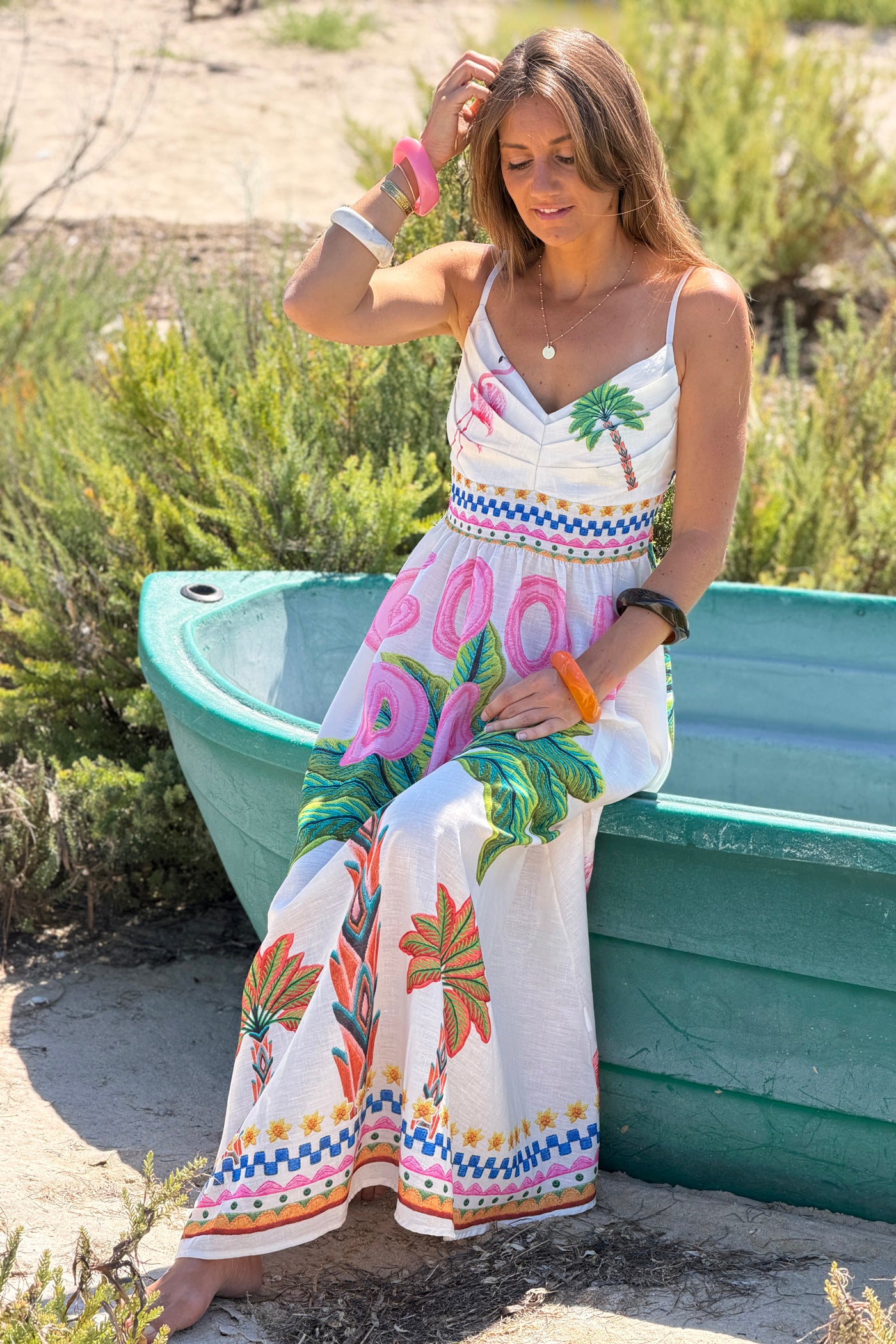 Robe à bretelles imprimé flamant rose et palmiers