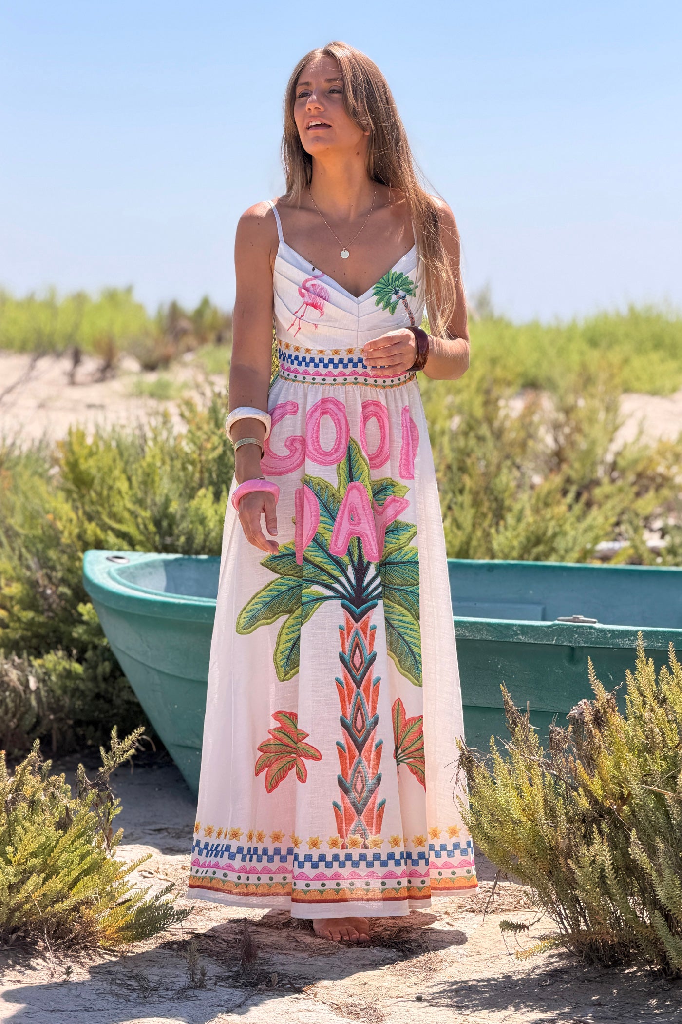 Robe à bretelles imprimé flamant rose et palmiers