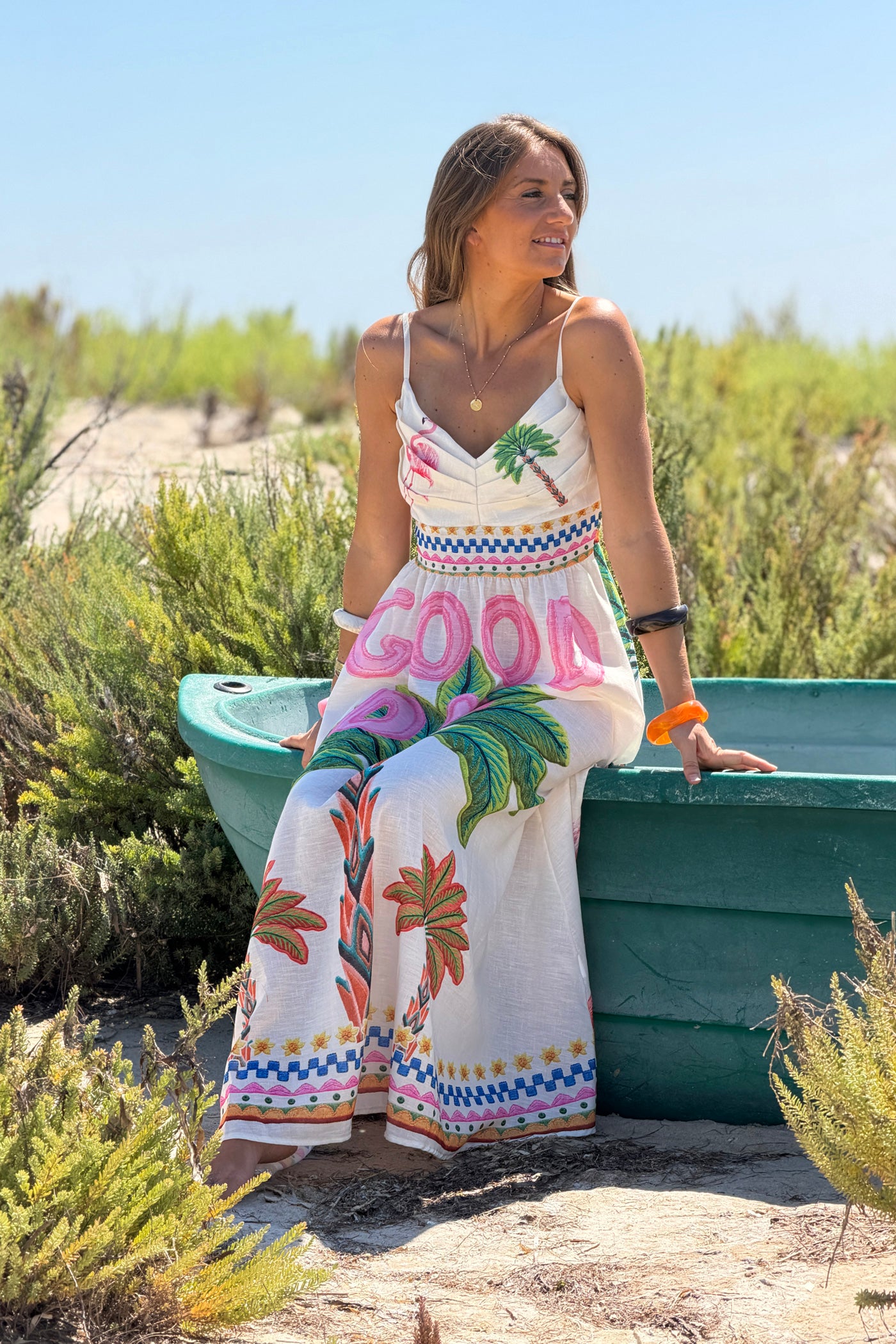 Robe à bretelles imprimé flamant rose et palmiers