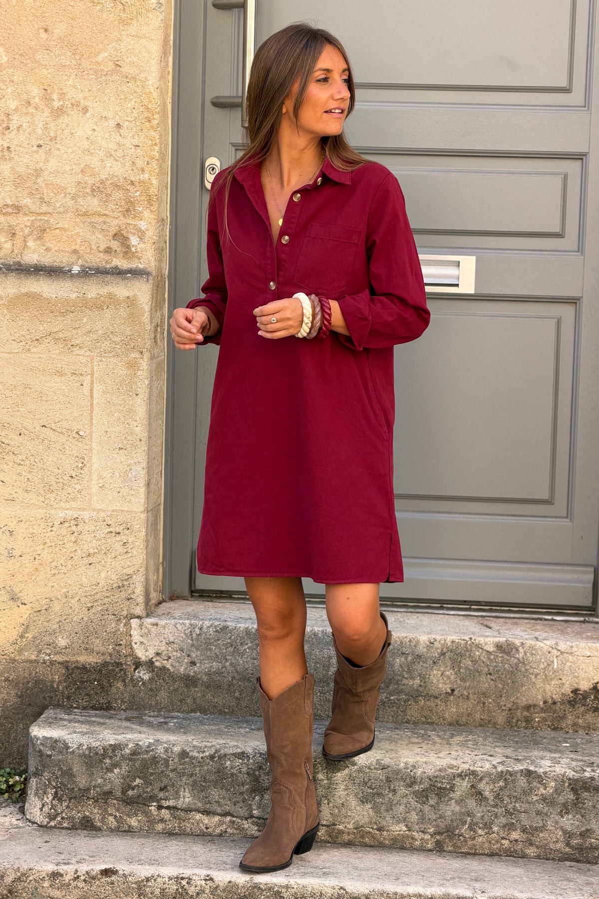 Merlot Aubergine Woven Half-Placket Long-Sleeve Dress