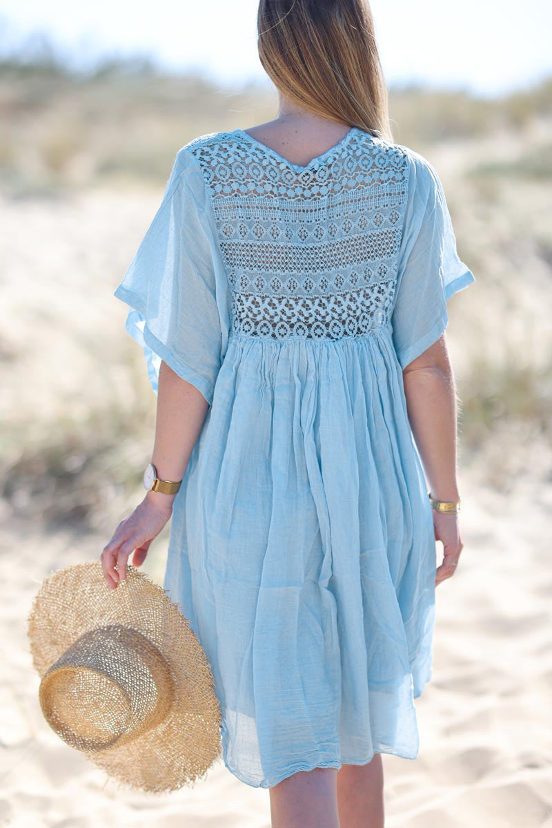 Sky blue Floaty Cotton Dress with Lace Top