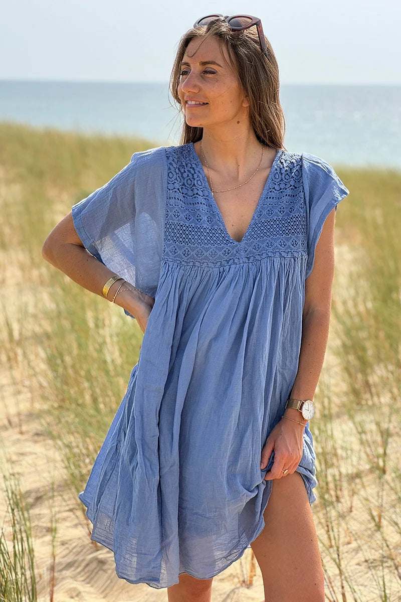 Light blue Floaty Cotton Dress with Lace Top
