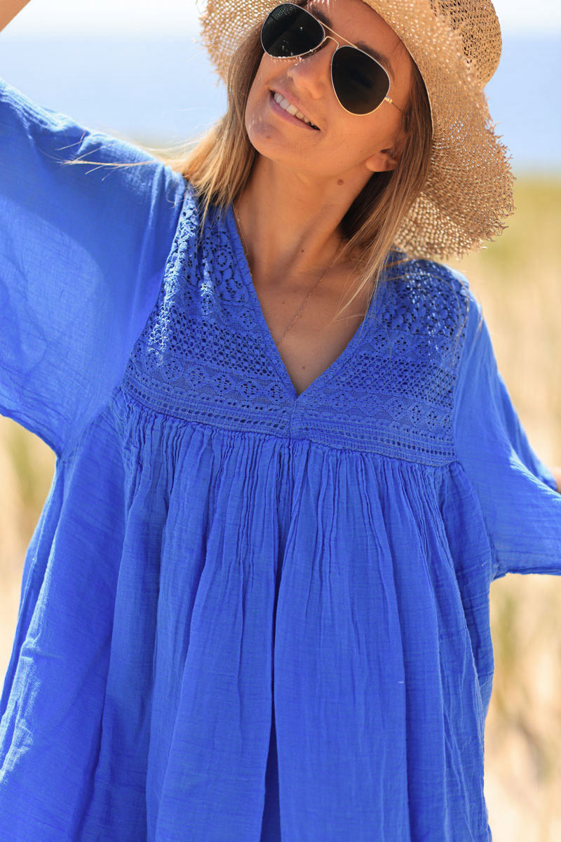 Royal Blue Floaty Cotton Dress with Lace Top