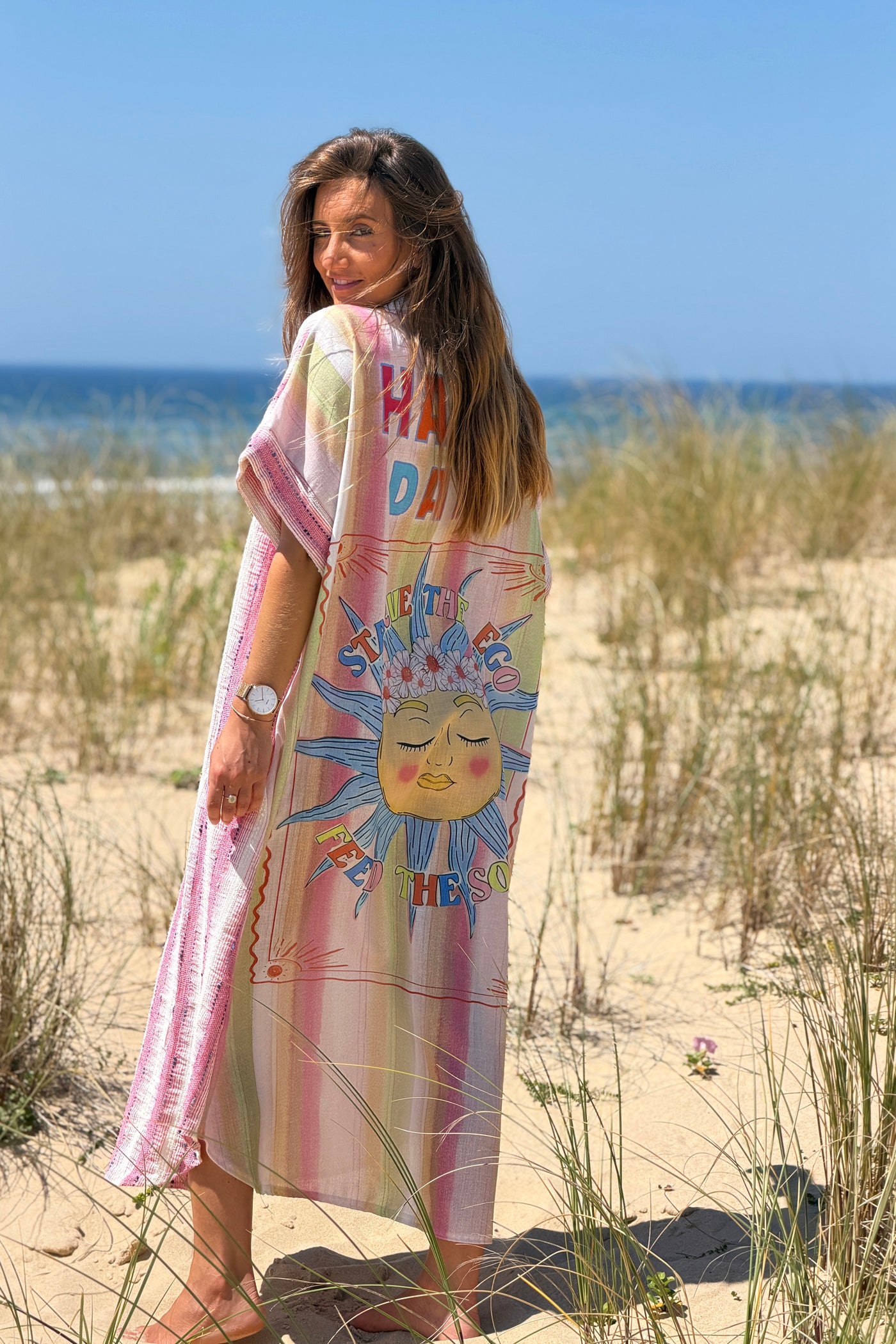 Robe chemise à boutons motif soleil Happy days coloré rayures rose texturées