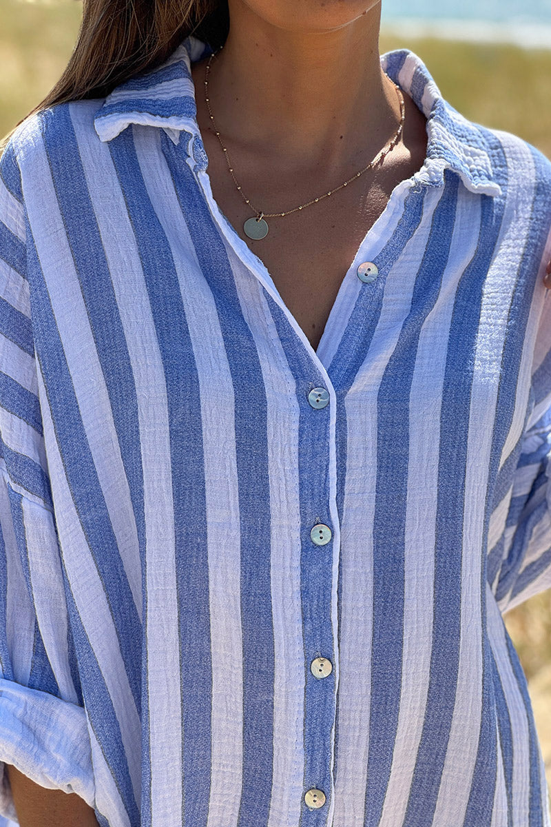 Robe chemise blanche en gaze de coton rayures bleu