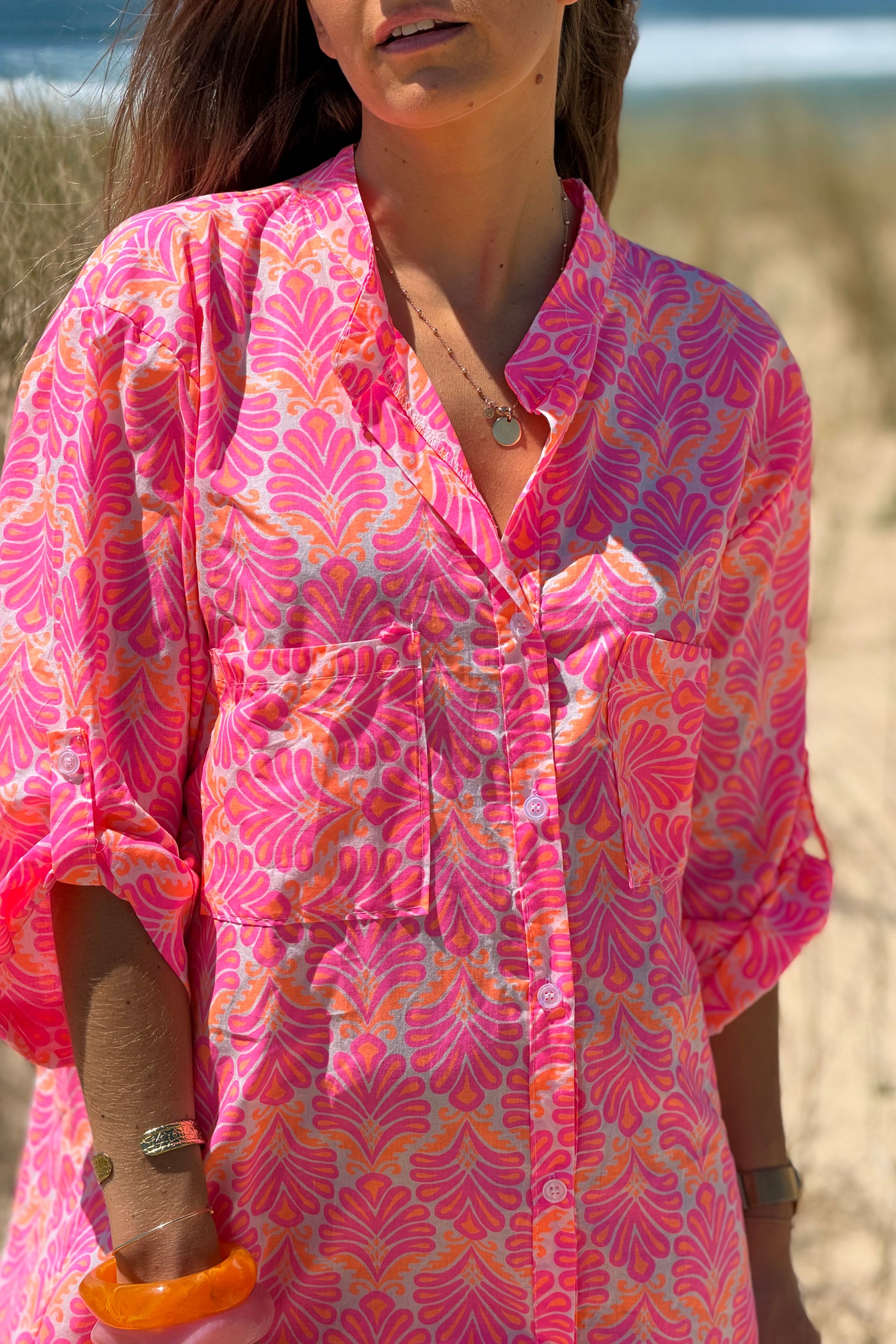 Pink Tropical Flourish Shirt Dress