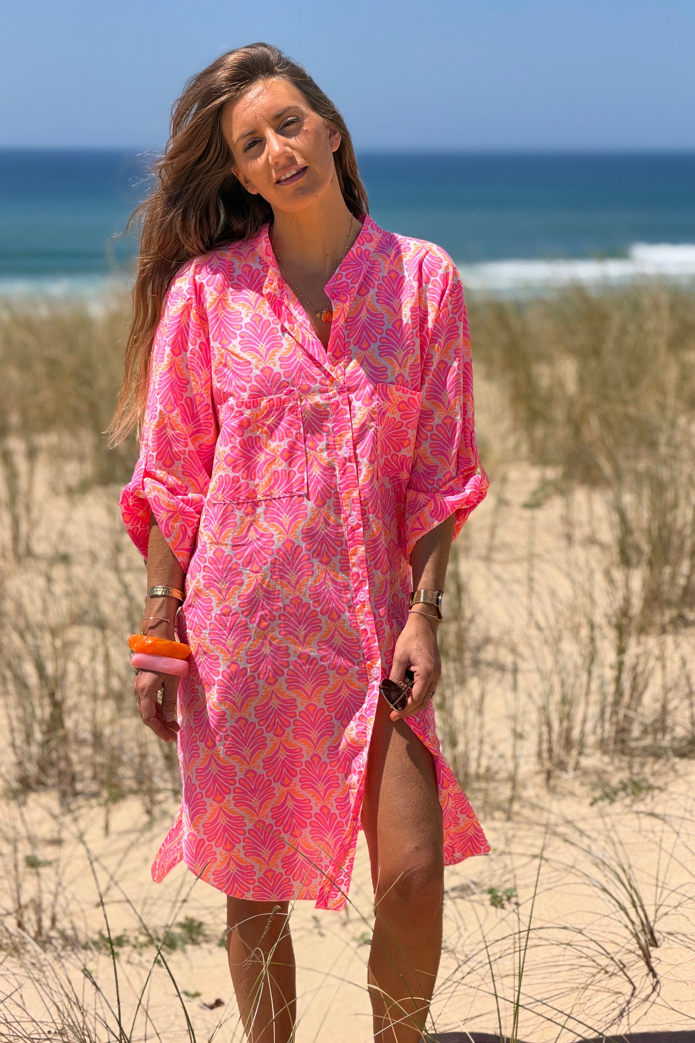 Pink Tropical Flourish Shirt Dress