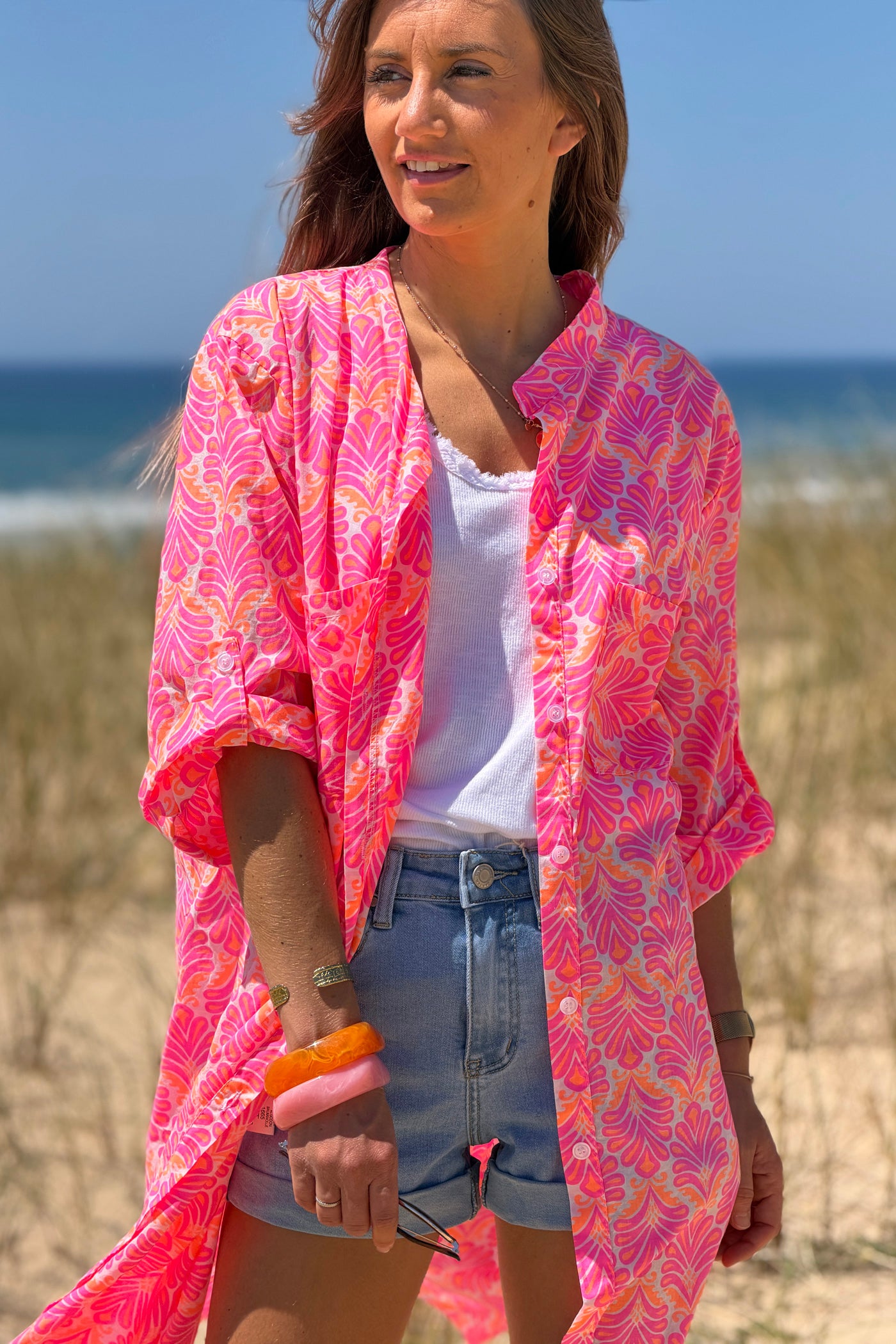 Pink Tropical Flourish Shirt Dress