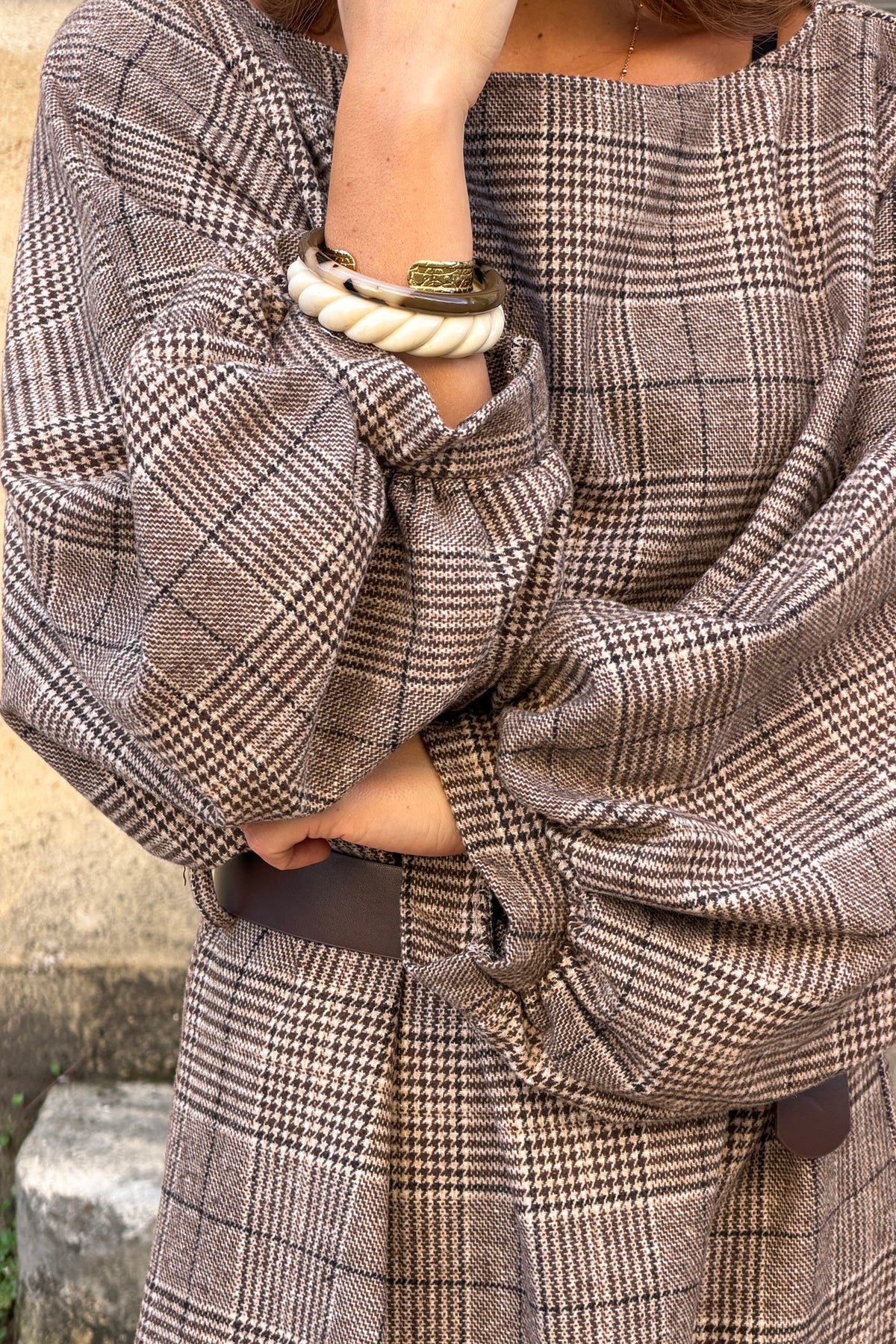 Brown Houndstooth Dolman Sleeve Dress with Belt