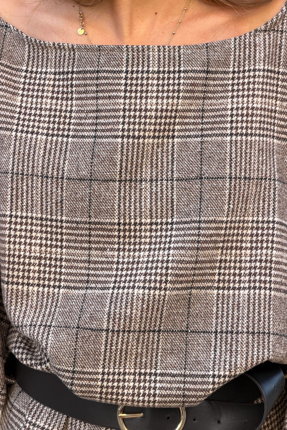 Robe douce en flanelle motifs carreaux pied de poule marron avec ceinture simili