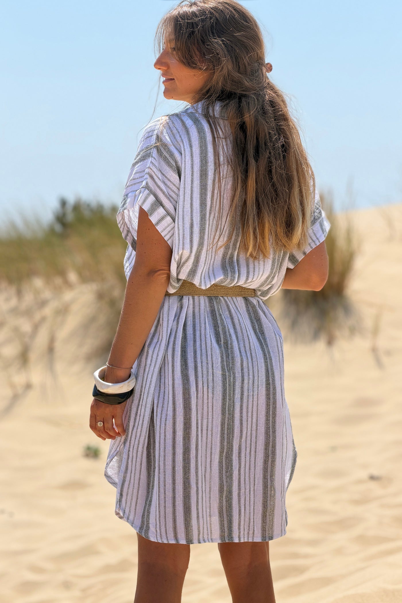 Robe en coton motif rayures kaki effet pique col v