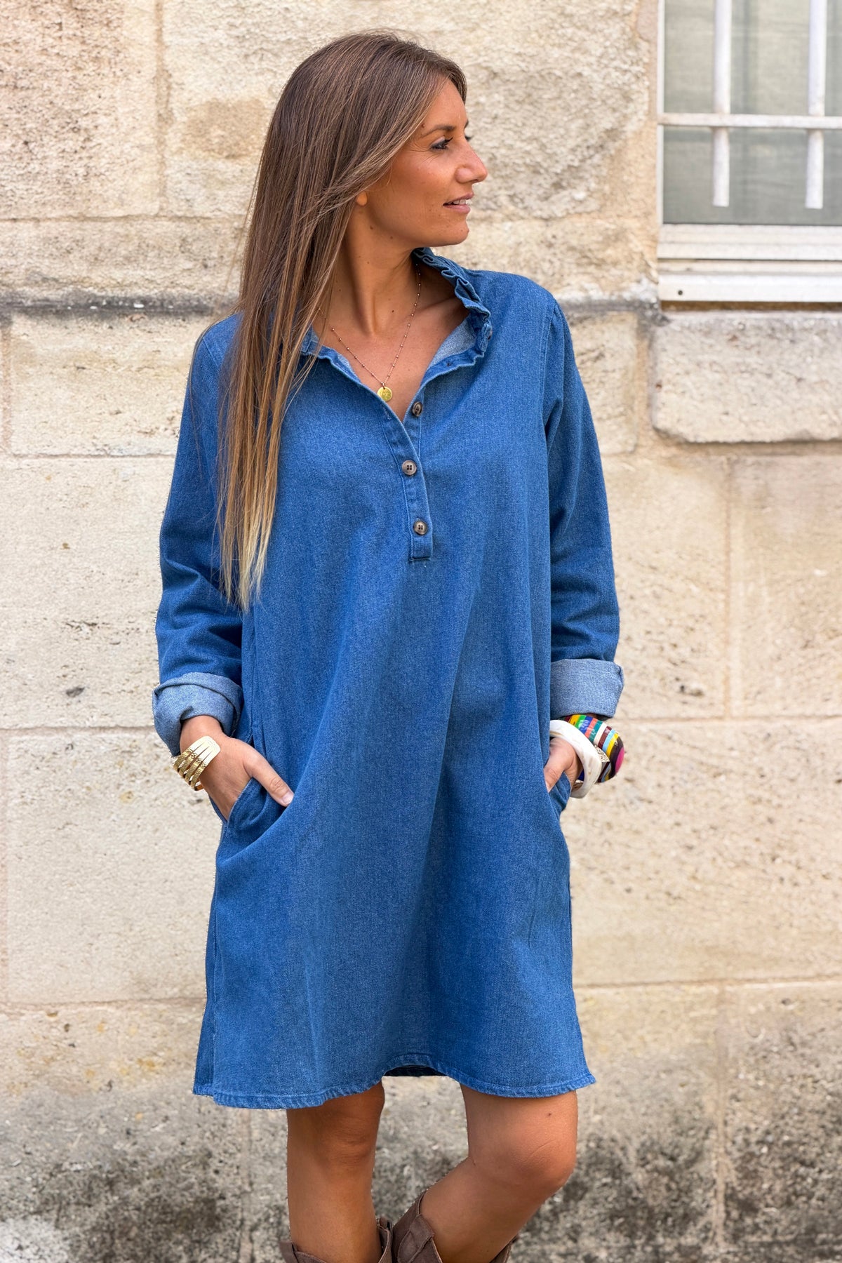 Blue Jean Chambray Ruffled Collar Denim Dress