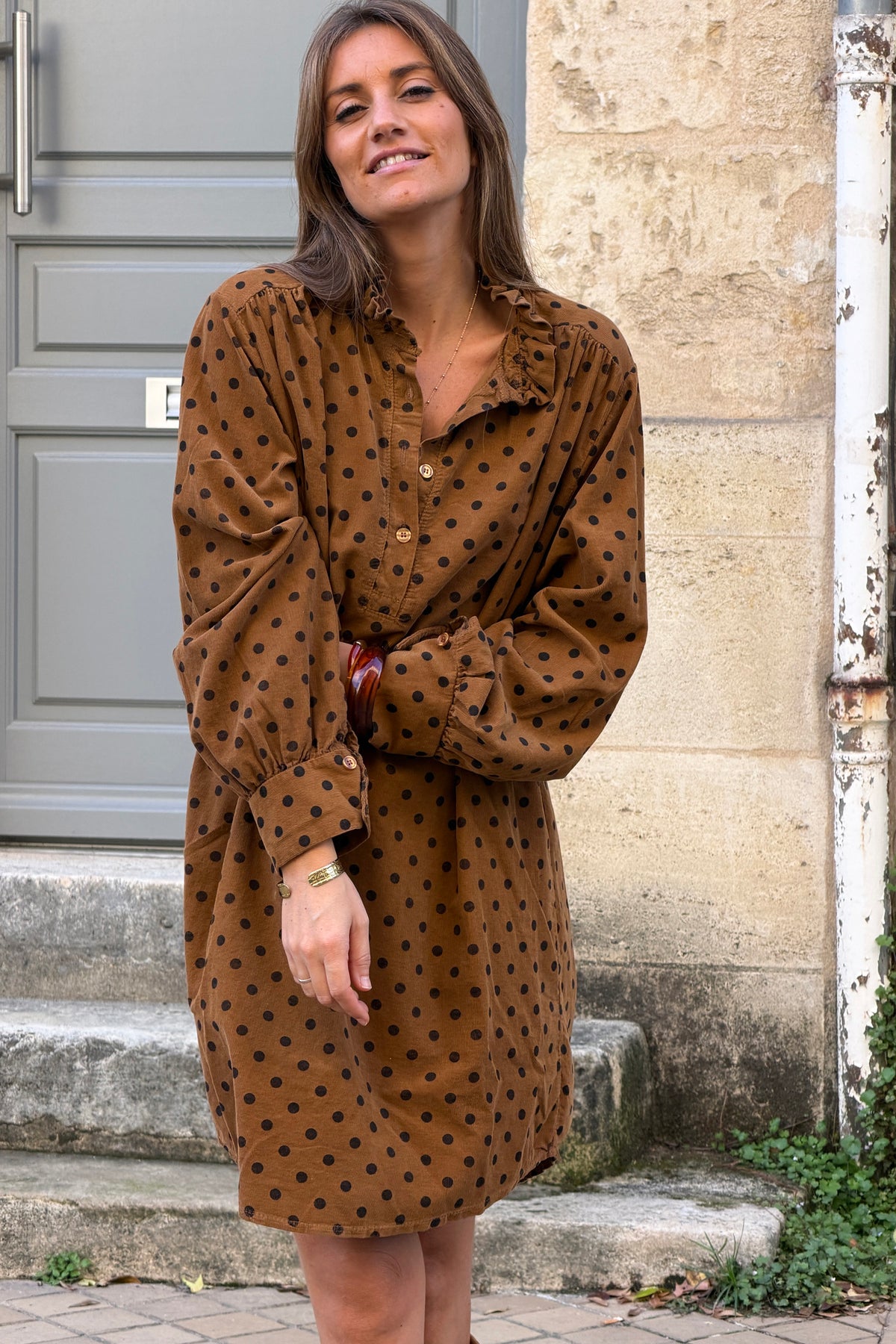 Camel Polka Dot Corduroy Dress