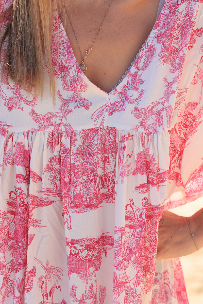 Vestido fluido con estampado toile de jouy fucsia
