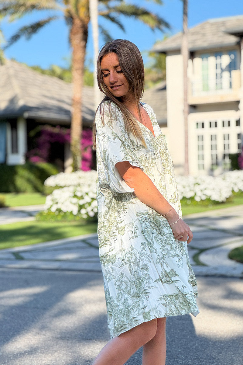 Vestido fluido con estampado toile de jouy caqui