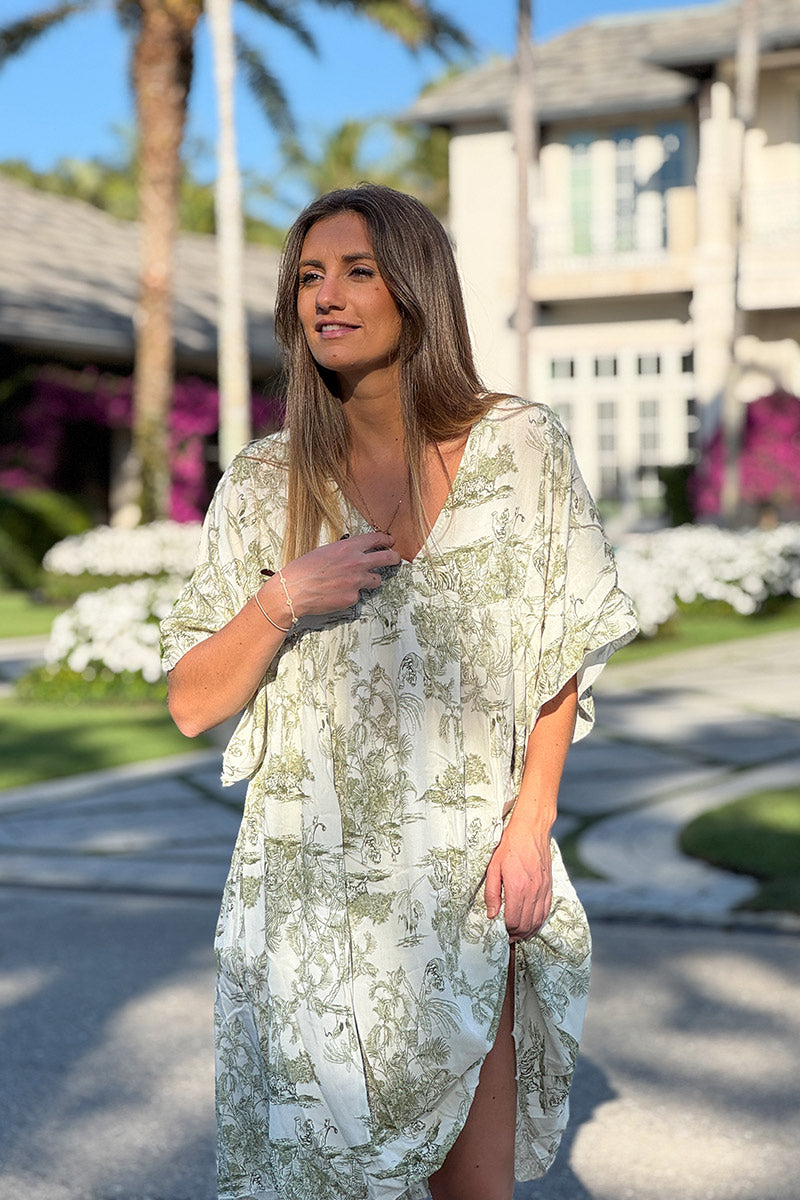 Vestido fluido con estampado toile de jouy caqui