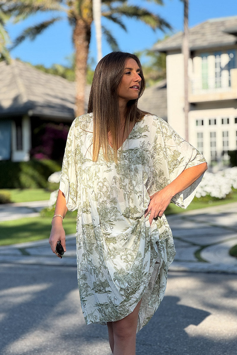 Vestido fluido con estampado toile de jouy caqui