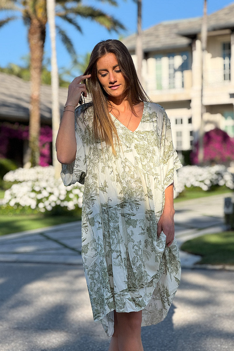 Vestido fluido con estampado toile de jouy caqui