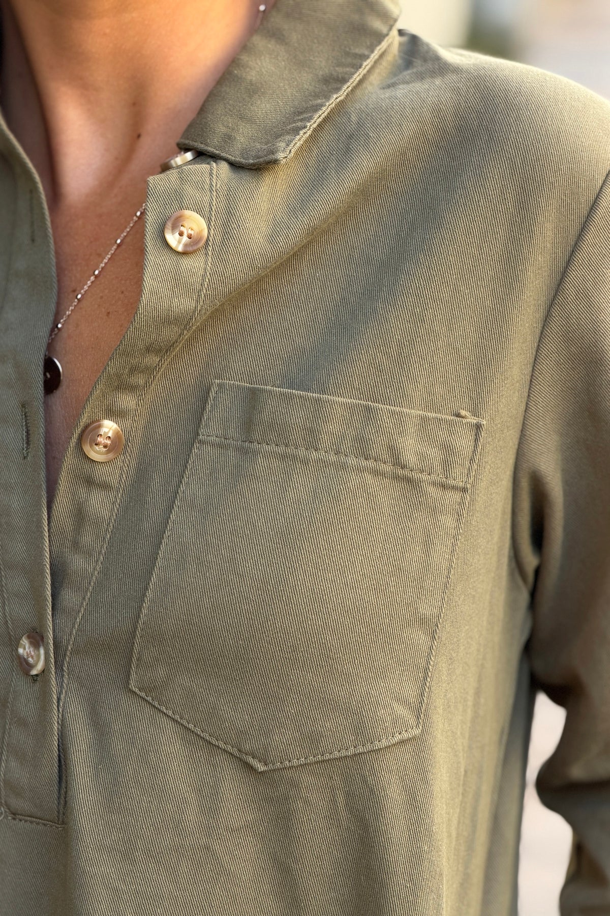 Olive Woven Half-Placket Long-Sleeve Dress