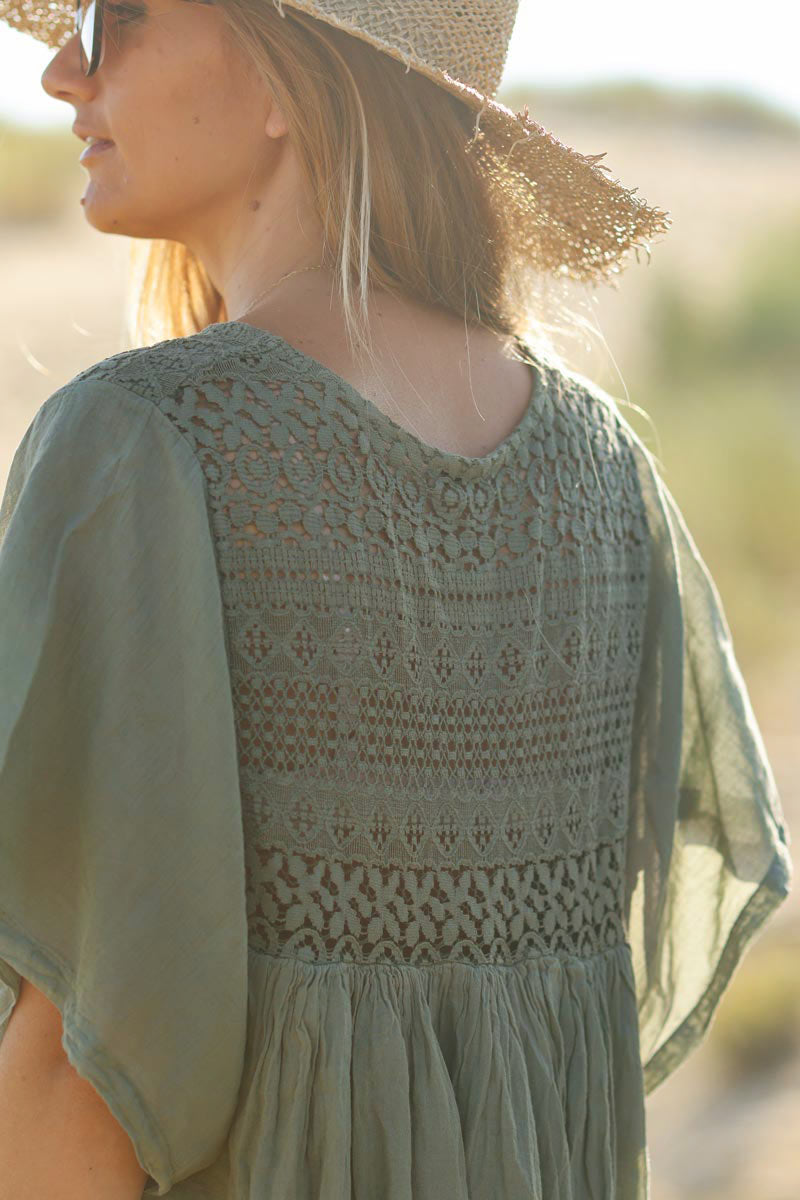 Olive Floaty Cotton Dress with Lace Top