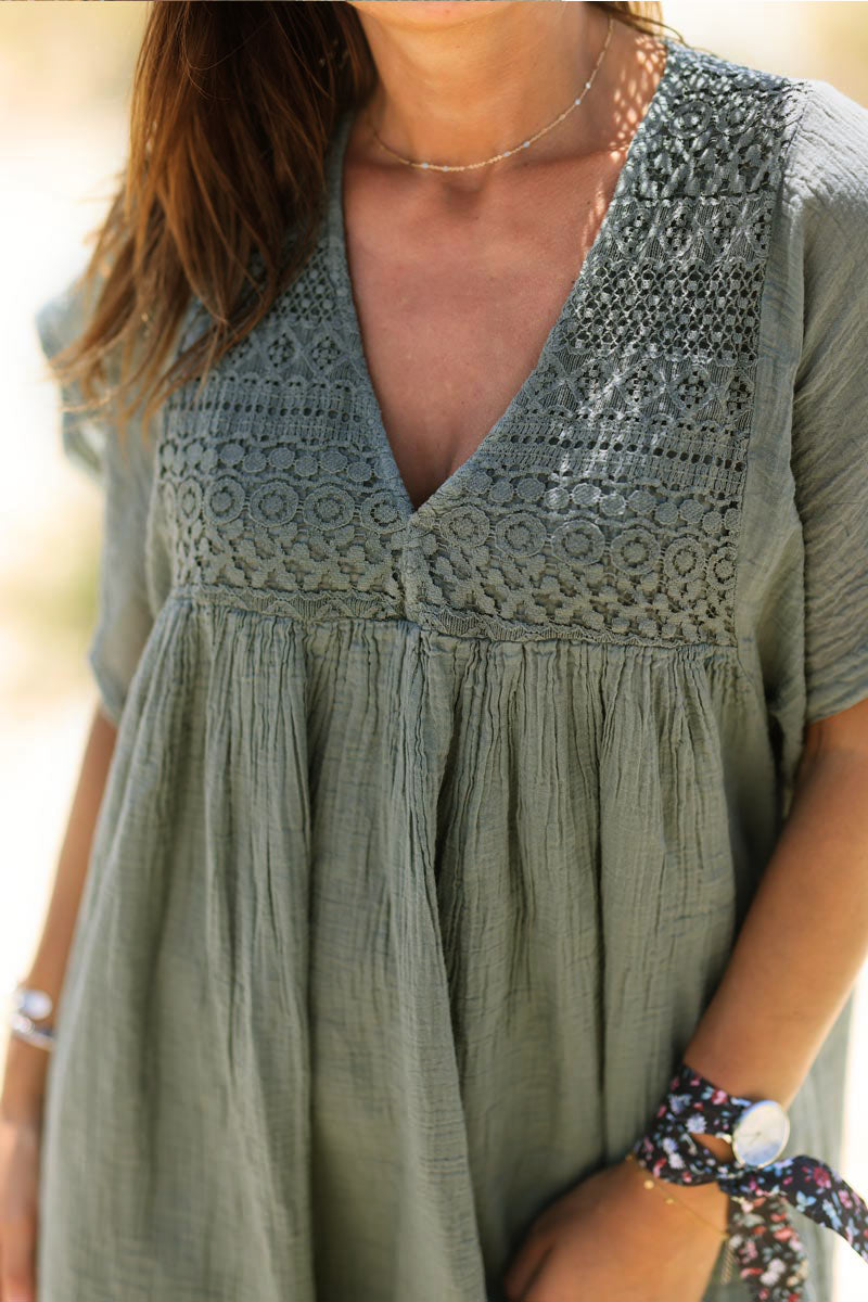 Olive Floaty Cotton Dress with Lace Top