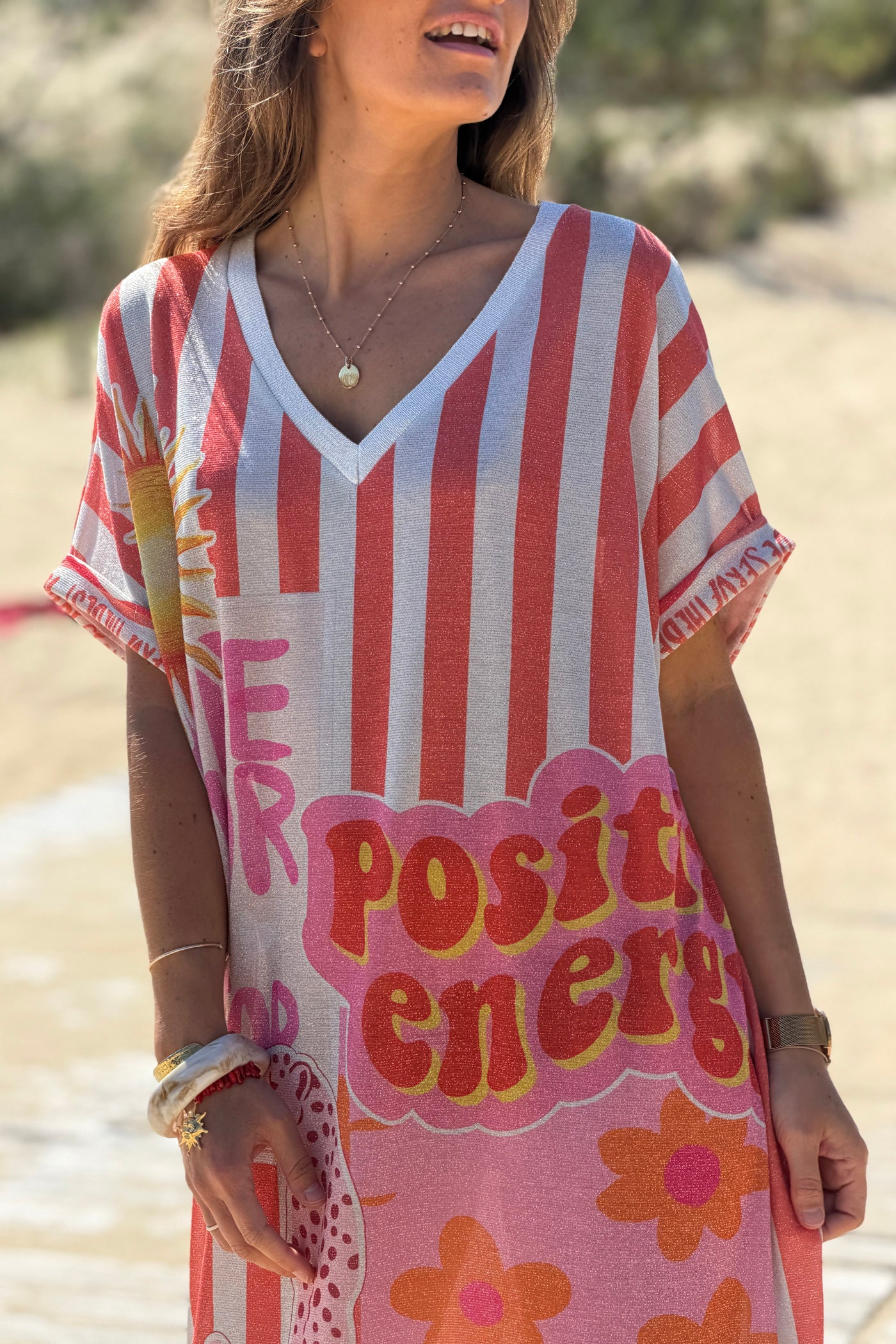 Robe large et brillante imprime rayures corail Energy soleil et lune