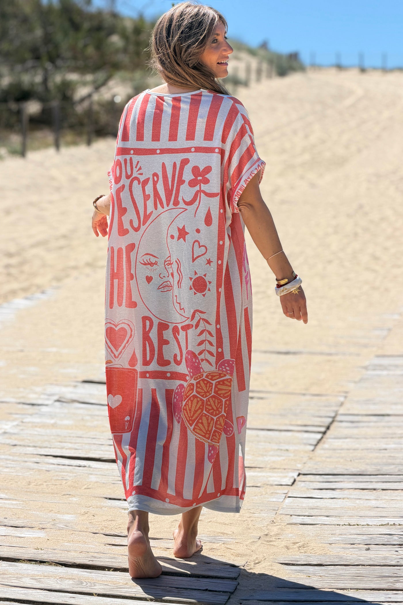 Robe large et brillante imprime rayures corail Energy soleil et lune