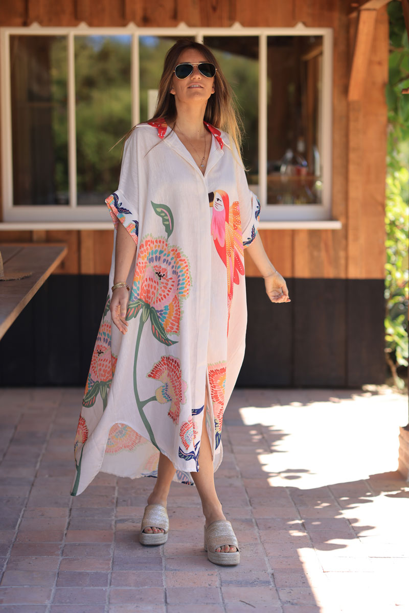 Ecru floaty midi dress with colourful flower and parrot print