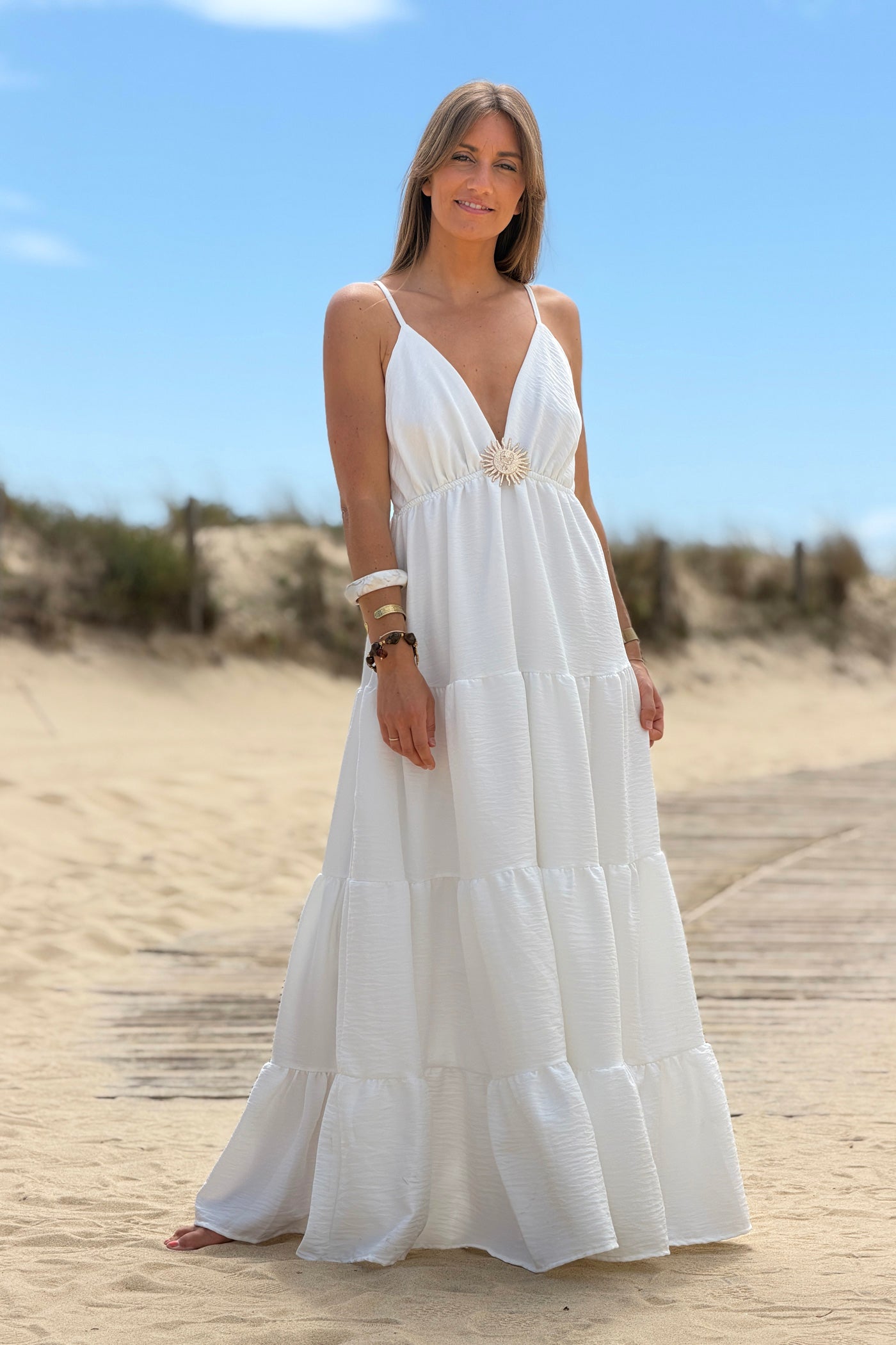 White Tiered Goddess Maxi Dress with Golden Sun Brooch