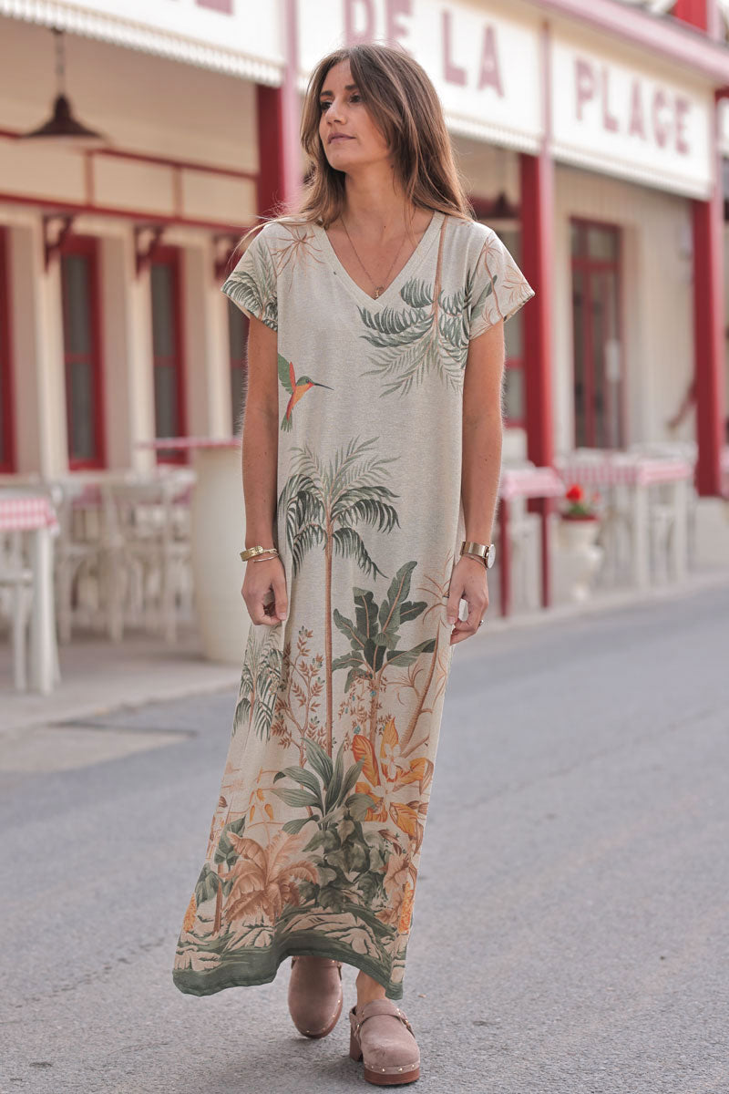 Robe longue beige brillante dorée imprimé palmiers et colibri kaki