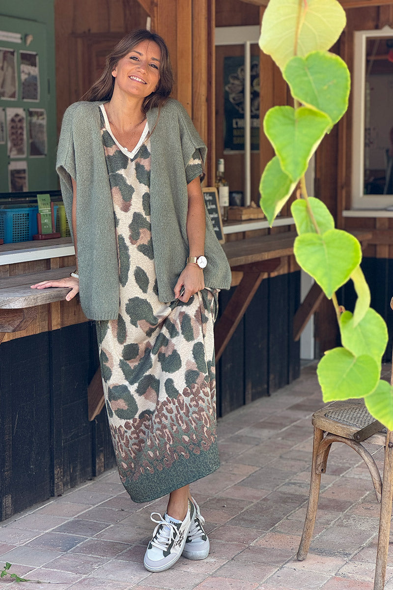 Olive Leopard Glitter Knit Maxi Dress