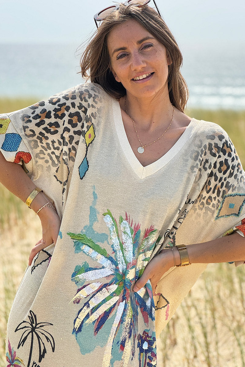 Beige Glitter Knit Tropical Watercolor Maxi Dress