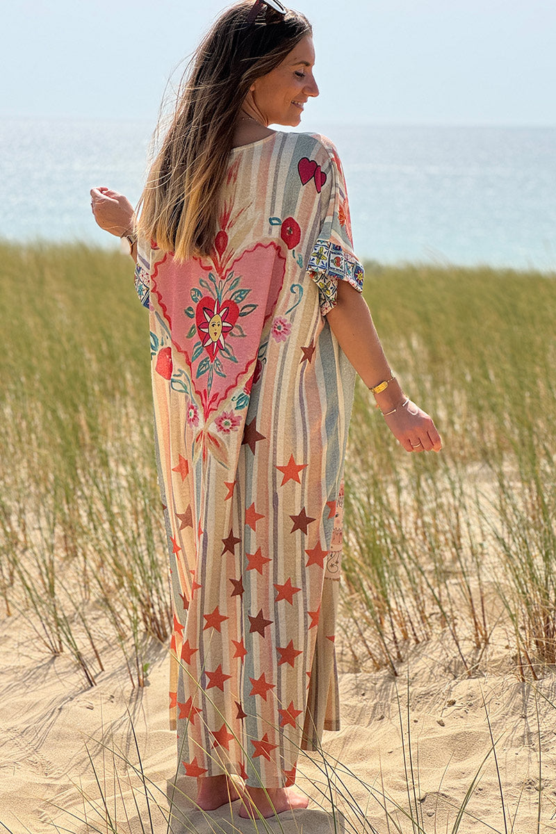 Vestido largo, brillante y ancho con rayas pastel y símbolos de Breath.