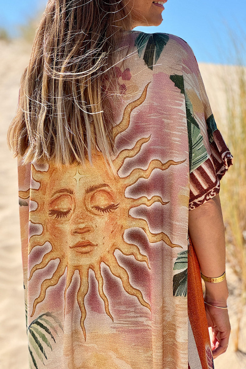 Robe longue brillante et large imprimé soleils rayures camel