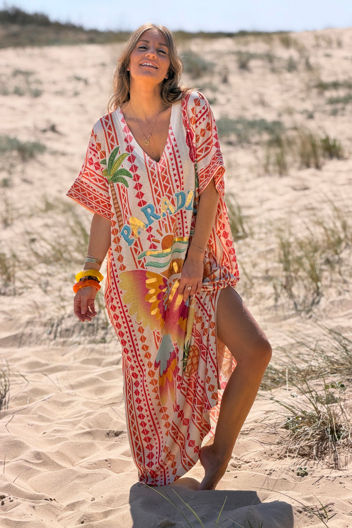 Robe longue brillante lurex imprimé ethnique orange Paradise Sunset