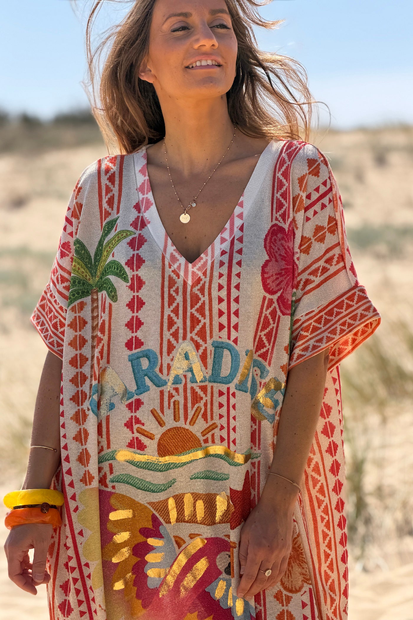 Robe longue brillante lurex imprimé ethnique orange Paradise Sunset